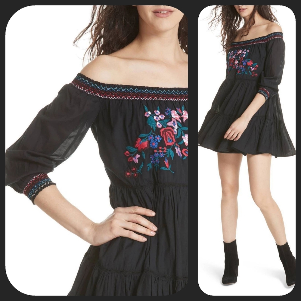 🌈 Free People Embroidered Sunbeams Boho off shoulder crochet trim peasant dress